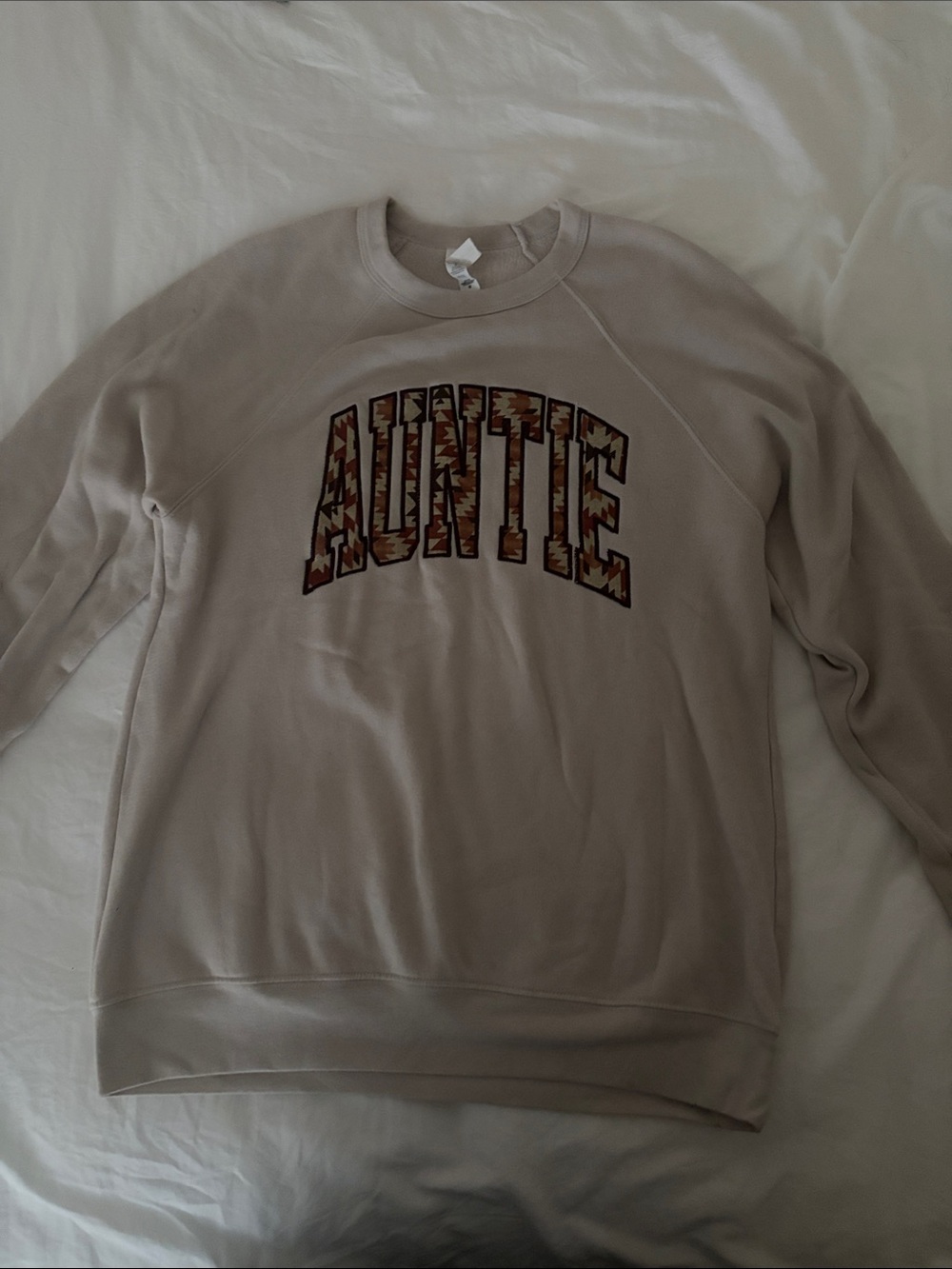 Bella Canvas Beige Crewneck Sweatshirt with Patterned AUNTIE Applique